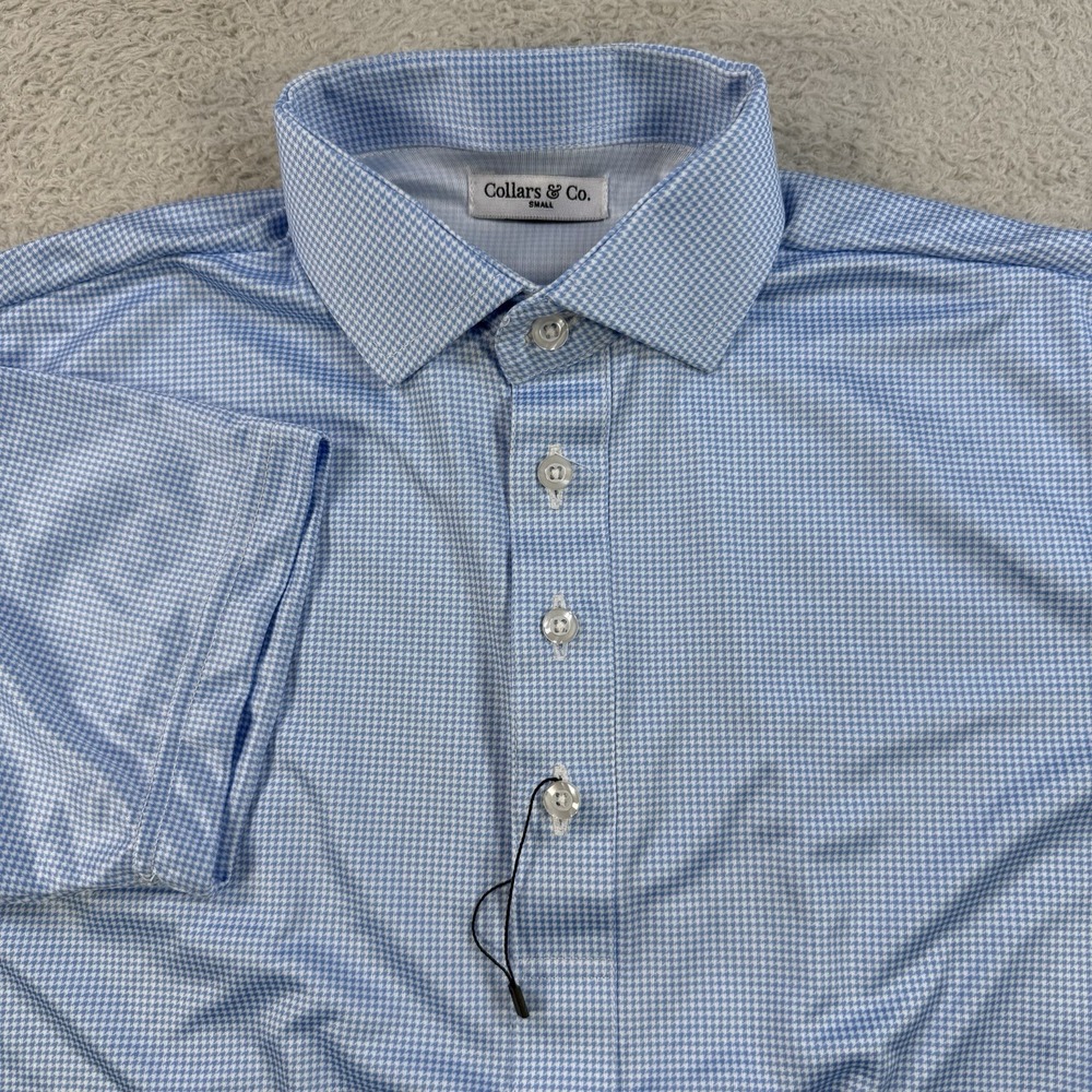 Collars and Co Polo Men Small Blue Houndstooth Dress Collar Short Sleeve Stretch